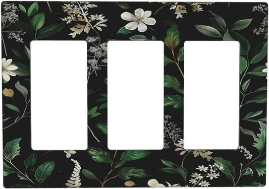 Decorative Outlet Covers Rustic Green Leaves White Flower 3 Gang Wall Plate Triple Rocker Light Switch Cover Plate Jumbo Electrical GFCI Faceplate for Country Bedroom Home Decor