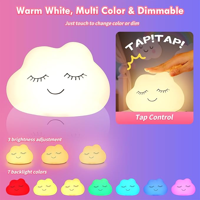 Night Light for Kids, 7 Colors Soft Silicone Kids Night Light with 3 Level Dimmable, Rechargeable Anti-glare Nursery Night Light with Warm White & Multicolor, Squishy Cute Cloud Bedside Touch Lamp