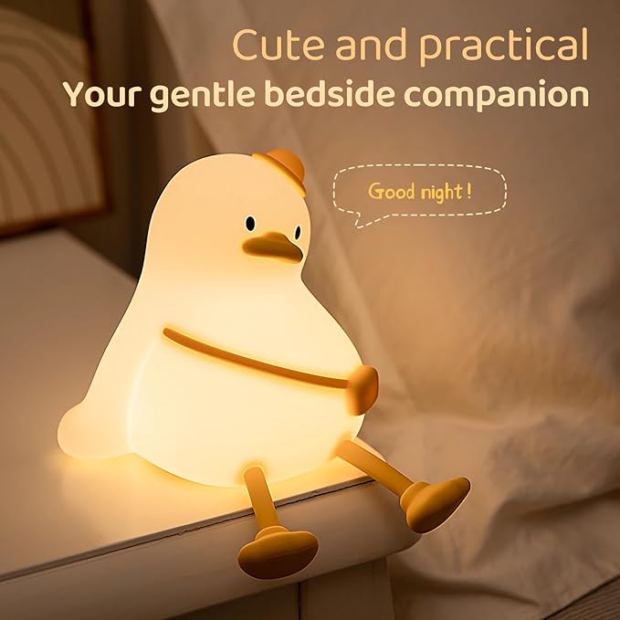 Relaxed Duck Night Light for Kids, 3-Level Dimmable USB Rechargeable Lamp with Timer, Soothing Animal Toy for Nursery Bedroom Dorm Decor, Gift for Boys Girls Teens Adults