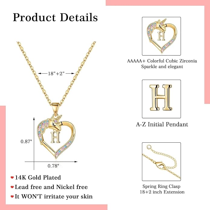 Hidepoo Unicorn Necklace Gifts for Girls - 14K-Gold-Plated Colorful CZ Heart Necklace Girls Jewelry Initial Unicorn Necklaces for Girl Birthday Gifts