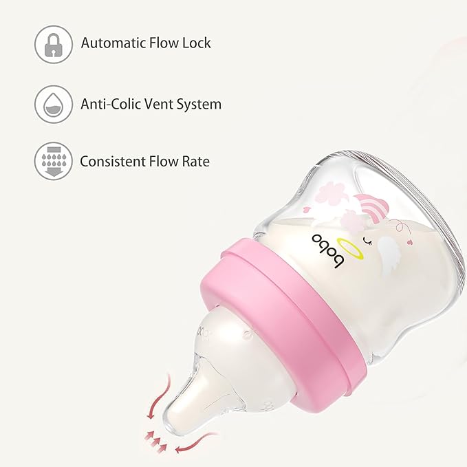 YOHKOH Glass Baby Bottles with Slow Flow Nipple, Newborn Anti-Colic Baby Bottles for 0+ Months, Wide Neck Feeding Bottle, Clear (Red, 2.7oz (Pack of 2))
