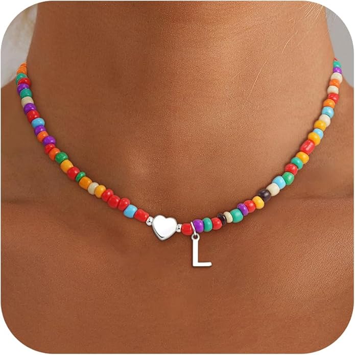 Colorful Initial Necklaces for Girls Women Kids - Teen Girls Gifts Trendy Beaded Initial Necklace Dainty Letter Gifts Choker Necklace for Girl Jewelry