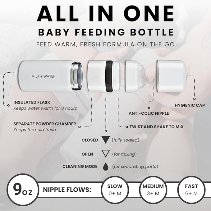 MILK & WATER All in One Baby Bottle & Baby Formula Dispenser On The Go, 9oz - Keeps Water Warm & Formula Fresh - Baby Formula Mixing Bottle with Anti Colic Nipple - Leak-Proof - 3+ Months (White)