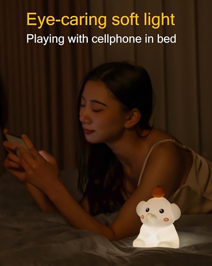 LED Night Light, Cute Squishy Elephant Lamp, Silicone Rechargeable Dimmable Nightlight for Nursery and Bedrooms, Elephant Gift for Women (White-Blue)