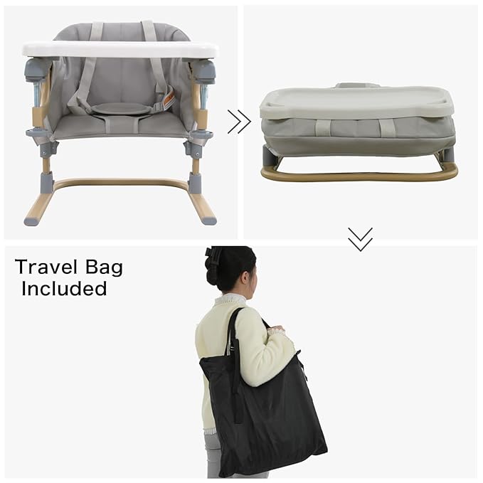 Baby Booster Seat for Table, Toddler Hook On High Chair with Tray, Adjustable Height Foldable Baby Feeding Chair with Carry Bag, for Kitchen Home Travel, Gray