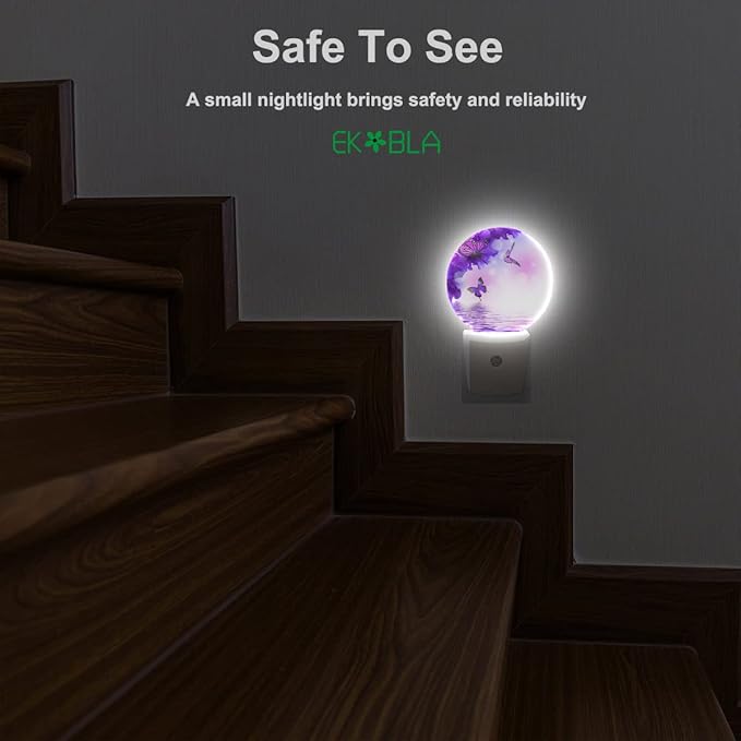 EKOBLA Flower Butterfly Night Light - Purple LED Wall Plug-in Nightlights with Auto Sensor, Dusk to Dawn Lighting for Bedroom & Nursery (0.5W Sleep-Friendly Glow)