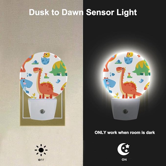 EKOBLA Dinosaur Night Light Cartoon Round LED Wall Plug-in Nightlights with Auto Sensor, Dino Night Light - Cute Dinosaur Theme Dusk to Dawn Lighting for Boys & Girls (Soft Glow Sleep-Friendly)