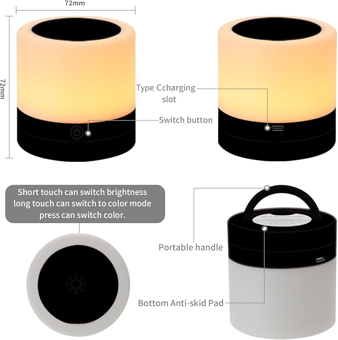 Nursery Night Light for Kids, USB Rechargeable Small Desk Lamp,13 RGB Colors & 4 Brightness & 1 Remote, Touch Bedside Cordless Table Lamp, Portable Night Lamp for Bedroom Living Room Home (Black)