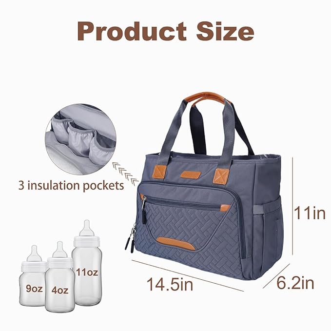 Diaper Bag Tote, with 16 Inch Laptop Compartment and 3 cooler Pocket Ideal for Boy (Dark Gray)