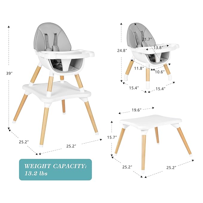 6 in 1 High Chair for Babies & Toddlers, Convertible Wooden Baby Highchair, Table and Chair Set, Baby Feeding Chair, 5-Point Adjustable Harness/4-Position Removable Tray& PU Seat Cushion(Grey)