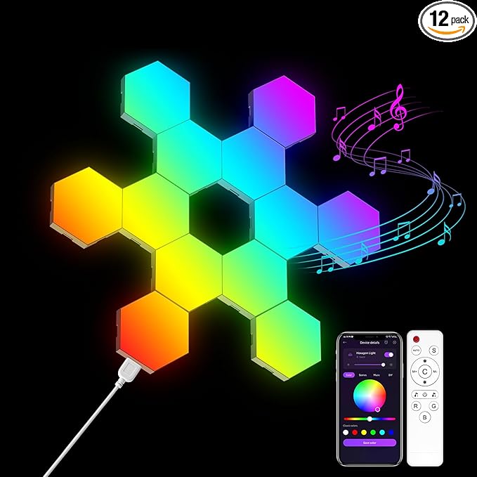 OJQ 12 Pack Hexagon Lights Wall RGB Panel - Hexagonal Led Lights Room Decor Wall Lights Smart APP Music with Sync Honeycomb Shape Panels Hexagon Gaming Lights for Bedroom Children