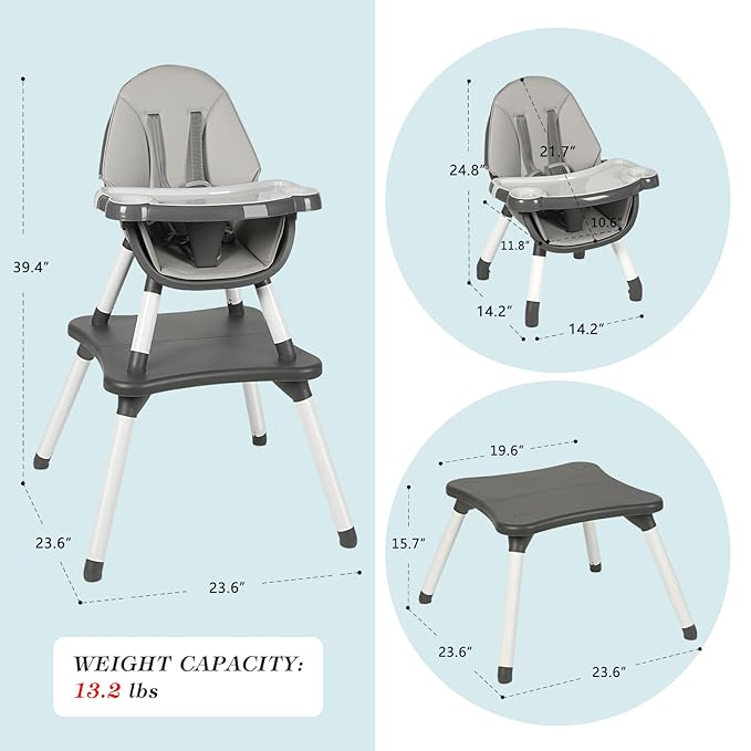 Baby Highchair,6 in 1 High Chairs for Babies and Toddler Baby Feeding Chair Coverts to HighChair for Babies, Kids Learning Table,Building Block Table,Kids Stool Removable Tray & Safety Harness(Gray)