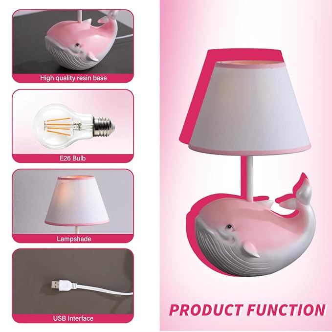 Whale Lamp,Kids Lamp, Night Lights,lamp with Fabric Lampshade, Compatible with E26 Bulb, USB Interface, Perfect for Girls' Room, Ideal Gift Choice
