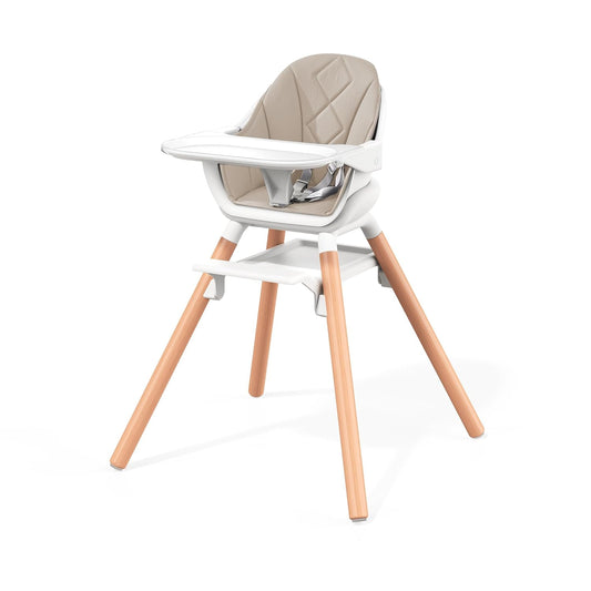Baby High Chair, Highchair for Baby & Toddler, Easy Clean Infant Highchair, 6 in 1 Feeding High Chair with Removable Double Tray and Waterproof PU Cushion, Wooden Legs, Champagne