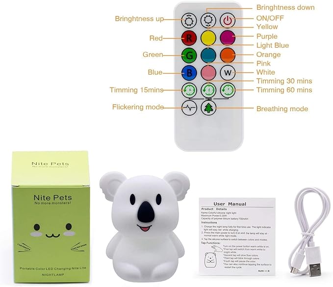 Night Light for Kids, Bedside Lamp for Children, Baby Nursery Lamp for Breastfeeding Safe, Break Resistant, Eye Caring, Adjustable Brightness & Color, Touch Control, Child Gift - Medium Koala