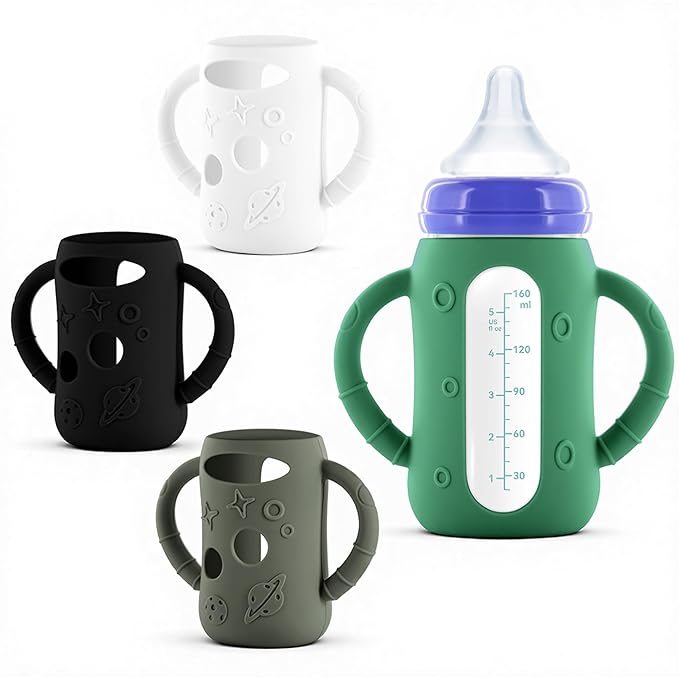 4-Pack Silicone Sleeves for Lansinoh Glass Bottles 5 oz-Starry Sky Design Baby Bottle Holder with Handles,Protectors for Lansinoh Natural Wave Glass Bottles, Anti-Scald Feeding Supplies