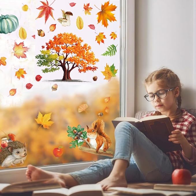 Fall Window Clings 9 Sheets Large-Size Window Clings for Glass Windo Decoration Autumn Leaves Animals Woodland Thanksgiving Decor Home Bedroom Nursery Room Windo Decals