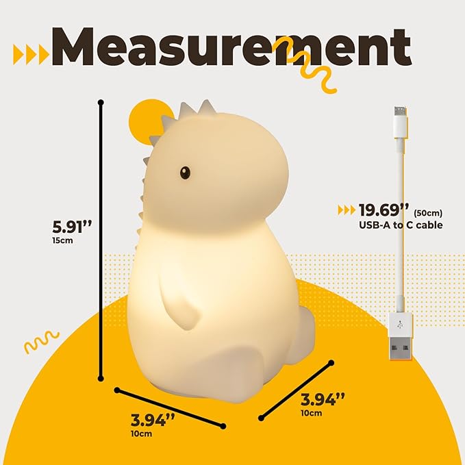 LED Squishy Animal Night Light - 2 Level Dimmable Nursery Lamp for Kids, Rechargeable Touch Lamp, Cute Dorm Decor - Perfect Baby Boys Girls Gift (Little Dinosaur)