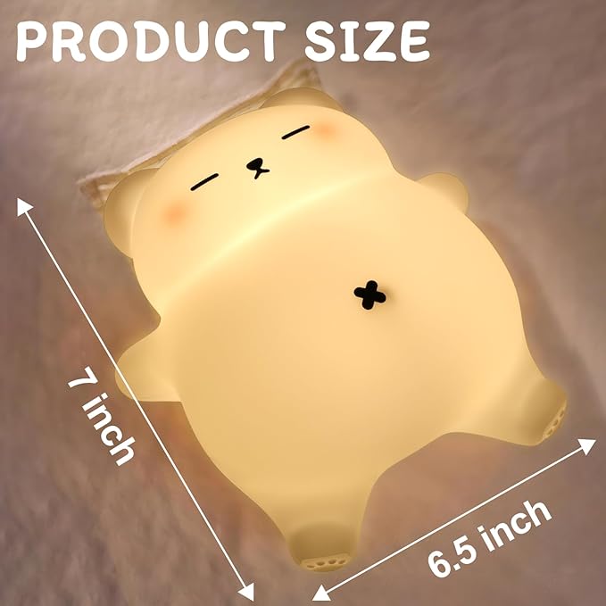 Squishy Night Light for Kids, Bear Silicone Night Light - Rechargeable with Soothing Snore Sounds & Moving Tummy, 3-Level Dimming Touch Control