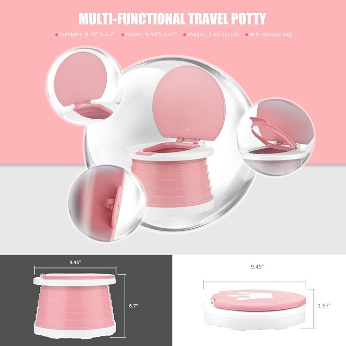 Travel Potty for Toddler Training - Foldable Seat for Boys & Girls - Portable Car Potty for Camping & Park (Pink)