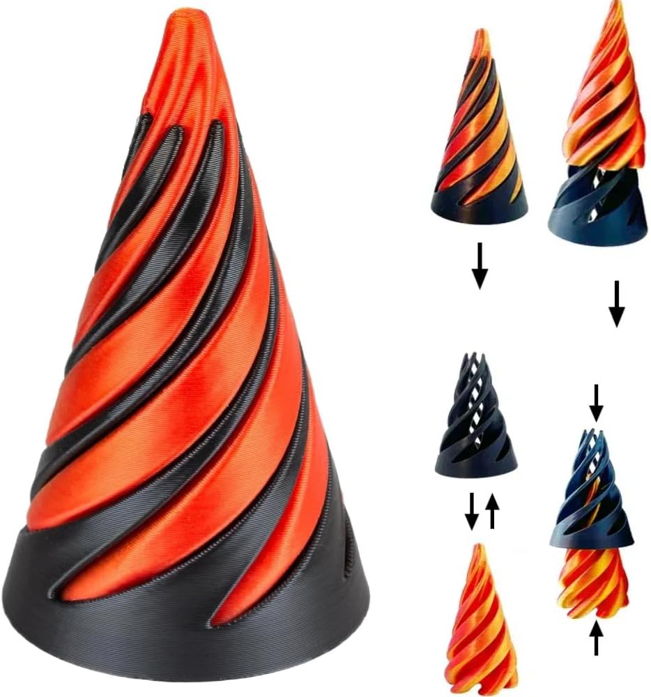 Impossible Pyramid Passthrough Sculpture, Pass Through Pyramid, 3D Printed Spiral Cone, Mini Vortex Thread Illusion (Gold)