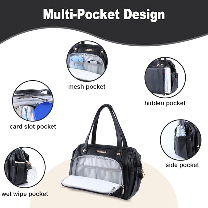 Diaper Bag Tote, with 12 Pocket Mom Bag, 16" Large Leather Baby Bags Convenient to Carry Diapers, Wet Wipes, and Bottles (Black)