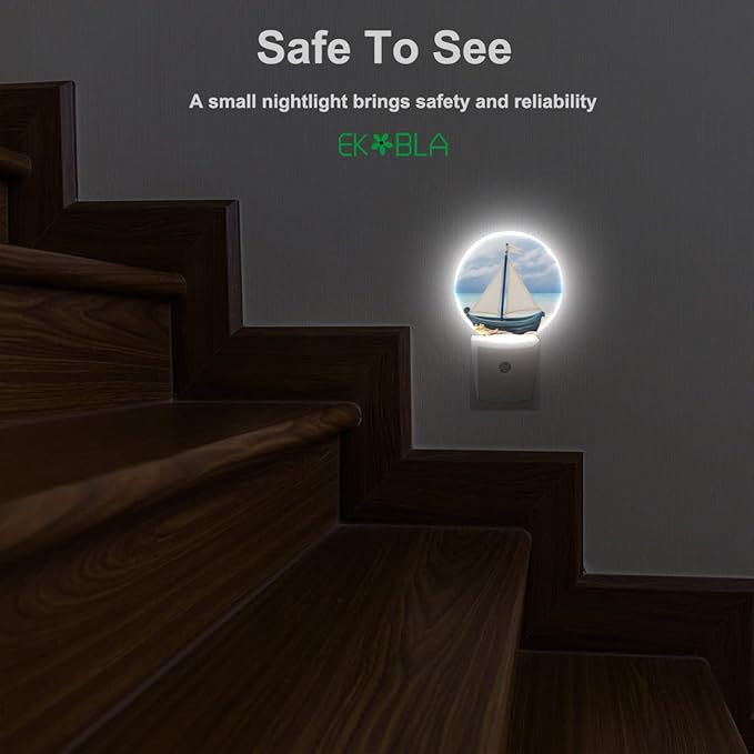 EKOBLA Nautical Night Lights Plug into Wall Sea Boat Ship on Beach Night Light LED Round Lamp for Coastal Room Decorations, 0.5W Nightlight Sleep Friendly