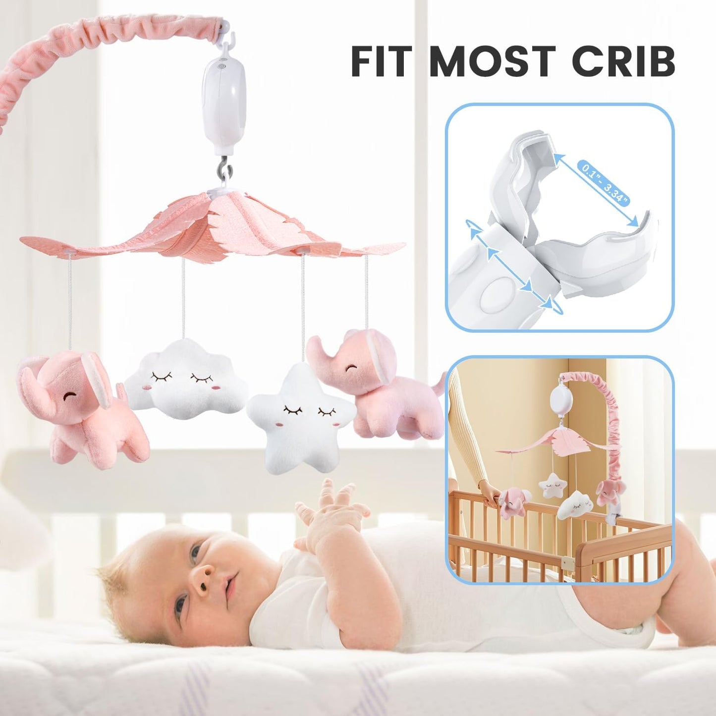 FEISIKE Crib Mobile for Girls Baby Mobiles with 3 Modes Digital Music Box（Turn Only, Music Only, Turn & Music, 35 Lullabies, Pink Elephant Nursery Mobile, Clamp Type, Pretty Box Packaging
