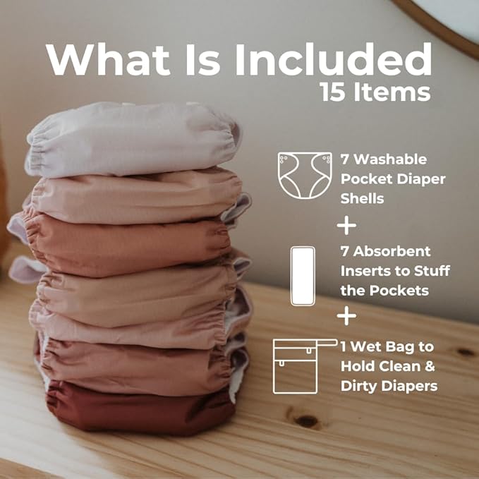 Nora's Nursery Cloth Diapers 7 Pack with 7 Inserts & 1 Wet Bag - Waterproof Cover, Washable, Reusable & One Size Adjustable Pocket Diapers for Newborns and Toddlers - Ballet Slippers