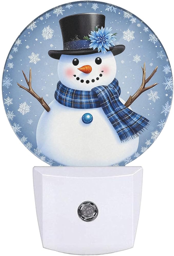 EKOBLA Blue Snowman LED Night Light Winter Red Bird White Snowflakes Snowman with Scarf Hat Dusk to Dawn Plug-in Nightlights Auto Sensor for Home Indoor Bathroom Hallway Kitchen