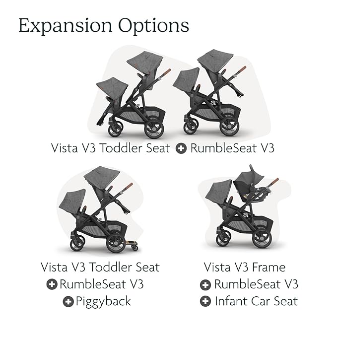UPPAbaby RumbleSeat V3 Second Lower Seat - Compatible with Vista V2 and Vista V3 - All-Weather Seat + Magnetic Buckle – Adapters Included - Declan (Oat Mélange/Silver Frame/Chestnut Leather)
