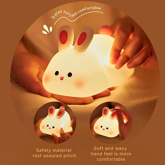 Cute Rabbit Silicone Night Lights Cartoon Bedroom Lamp for Children's Room Decor, USB Rechargeable Timing Dimming Silicone Sleep Light for Kids, Toddler, Baby