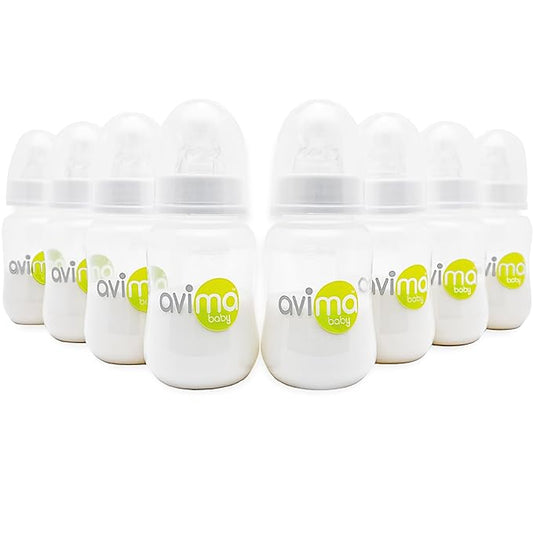 Avima 4 oz Anti Colic Baby Bottle Set - Slow Flow Nipples Included, Standard Neck, BPA Free - Newborn 0-3 Months, Stage 1 Feeding for Gas, Spit Up & Colic (Set of 8)