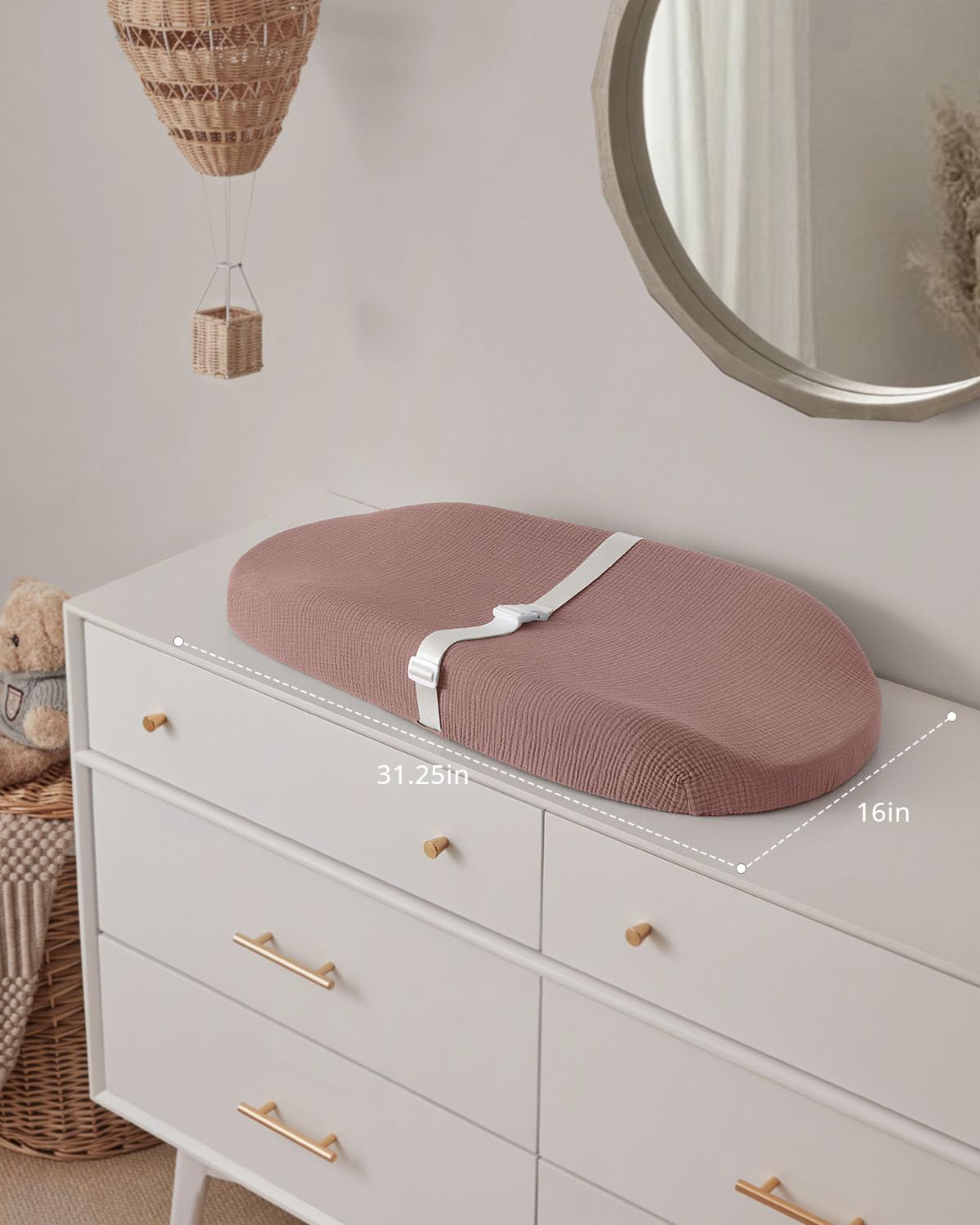 Blissful Diary Muslin Baby Changing Pad with Waterproof Lining Foam, Diaper Changing Table Pad with Cover for Dressers (Dusty Pink, Avocado)