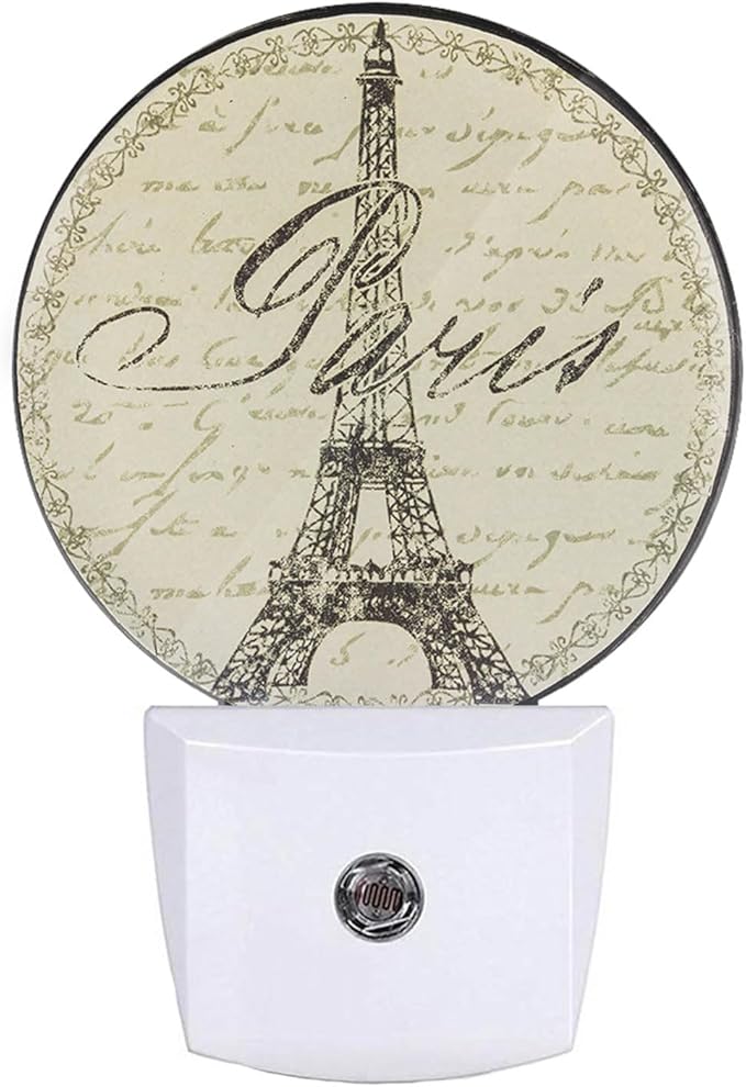 EKOBLA Boho Beige Paris Night Light Vintage Eiffel Tower France Night Lights Plug into Wall with Dusk to Dawn Sensor Home Plug Wall Light for Boys Girls Men Women