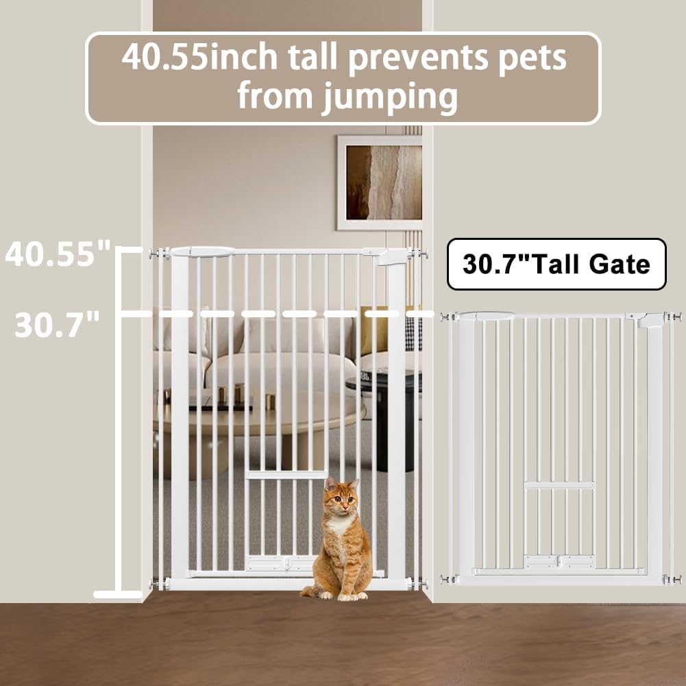 40.55" Tall 1.37" Ultra Narrow Spacing 30.12-34.06" Dogs Pets Baby Gate with Cat Door for Doorway Safety Proof Indoor Extra Wide Puppy Pressure Mounted No Drill White Black Metal Hallway