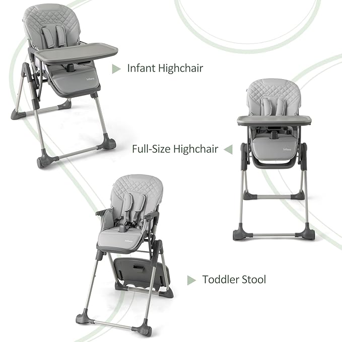 INFANS Baby High Chair, Convertible Quick Folding Portable Highchair for Babies and Toddlers with Adjustable Height Backrest Footrest 2 Wheels Removable Tray, Easy to Clean PU Seat (Grey)