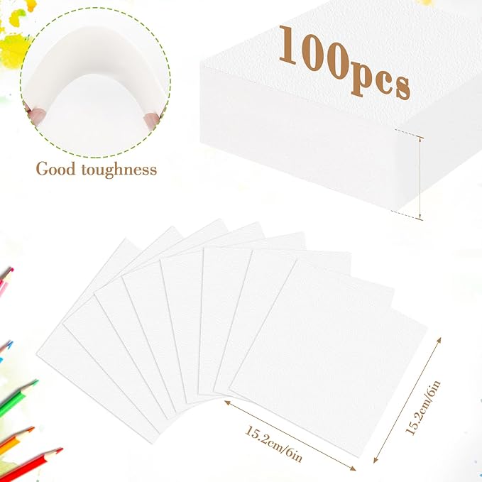 100PCS 6x6 Watercolor Paper Bulk, 140lb/300g Cold Press Thick Water Color Paper Pad for Kid Child Adult, White Art Paper for Drawing Painting Markers Gouache, Textured Cotton Paper Sheets