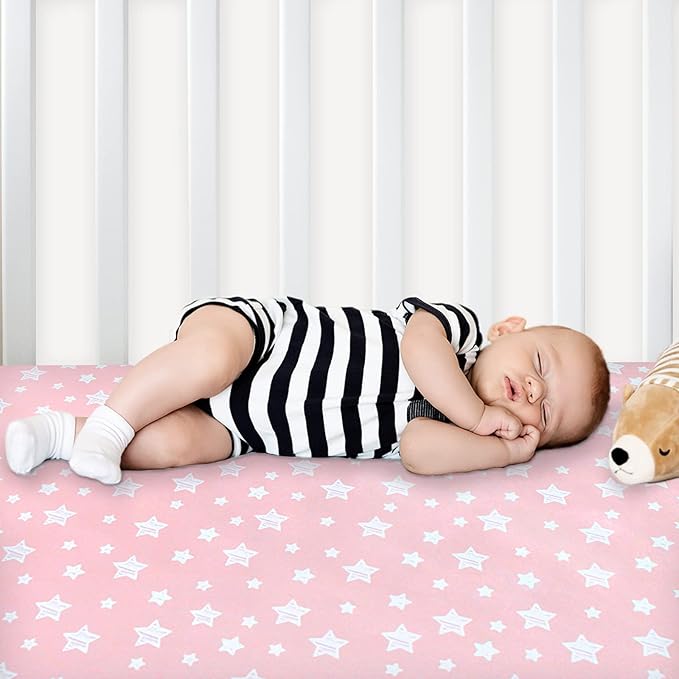 Pack and Play Sheets Girl, Mini Crib Sheets, Stretchy Pack n Play Playard Fitted Sheet, Compatible with Graco Pack n Play, Soft and Breathable Material, Grey & Pink