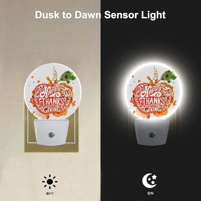 EKOBLA Pumpkin LED Night Light Happy Thanksgiving Day Pumpkin with Green Leaf Autumn Dusk to Dawn Plug-in Nightlights Auto Sensor for Home Indoor Bathroom Hallway Kitchen