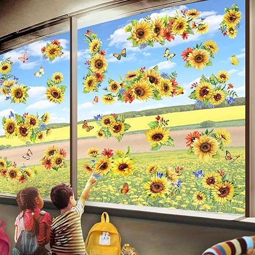 Sunflower Window Clings Spring Decorations Supply Summer Sticker Sunflower Decals Fall Window Decorations Autumn Clings Holiday Birthday Parties Bedroom Nursery Living Room Decor