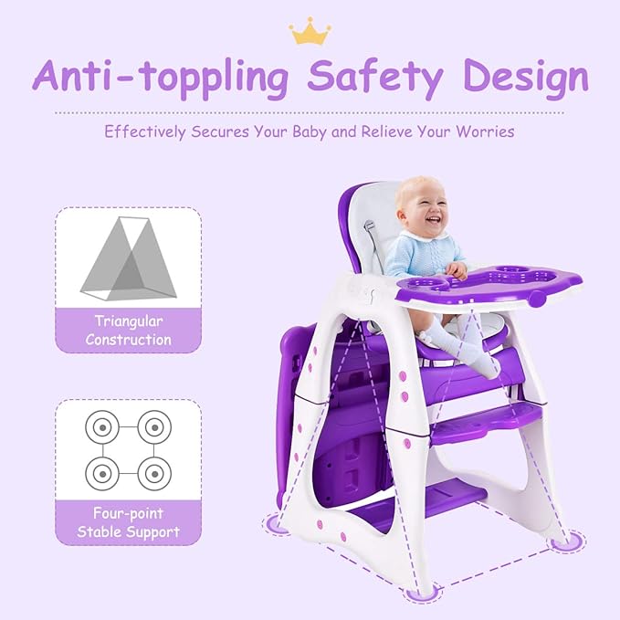 Costzon Baby High Chair, 3 in 1 Infant Table and Chair Set, Convertible Booster Seat with 3-Position Adjustable Feeding Tray, Adjustable Seat Back, 5-Point Harness (Purple)
