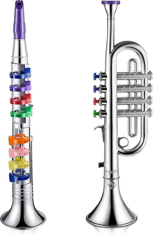 Amylove Set of 2 Toy Trumpet and Clarinet for Kids Toddlers Plastic Instruments Fake Music Toy Portable Early Educational Toys Teaching Songs Musical Gifts(Silver)