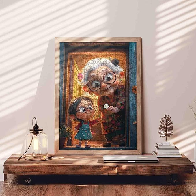 1000 Piece Jigsaw Puzzle for Adults Students White Haired Grandma and Girl Holding Daisy Puzzles Colorful Clothes Cozy Apartment 20×27 Inches Unique Art Gift Home Decor Fun Family Activity