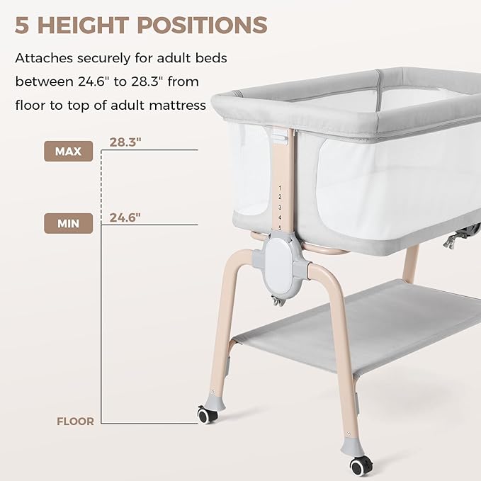 Cowiewie Bassinet Bedside Sleeper, Breathable Baby Bedside Bassinet and Mattress, Lightweight and Portable for Bedside Sleeping, Light Grey
