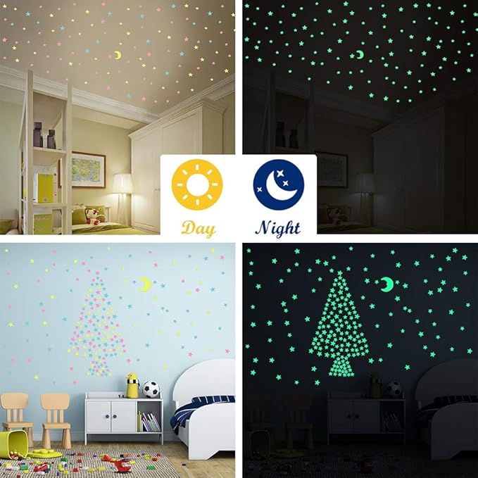 100 Pcs Colorful Glow in The Dark Luminous Stars and Moon Fluorescent Noctilucent Plastic Wall Stickers Murals Decals for Home Art Decor Ceiling Wall Decorate Kids Babys Bedroom Room Decorations