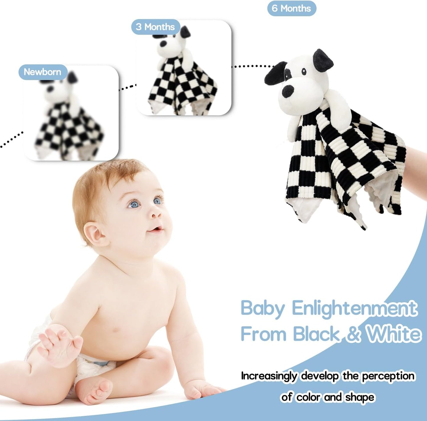 Baby Security Blanket for Boys Girls, High Contrast Super Soft 3D Checkerboard Gingham with Minky Dot Fabric Backing Snuggle Stuffed Animal Blankie Puppy Lovely Black 14 Inch