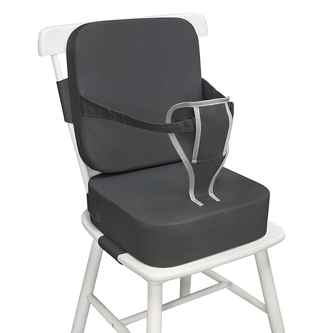Toddler Booster Seat for Kitchen Chair and Dining Table, Non-Slip Cushion with Backrest, Adjustable Straps, Waterproof and Portable for Travel - Dark Grey