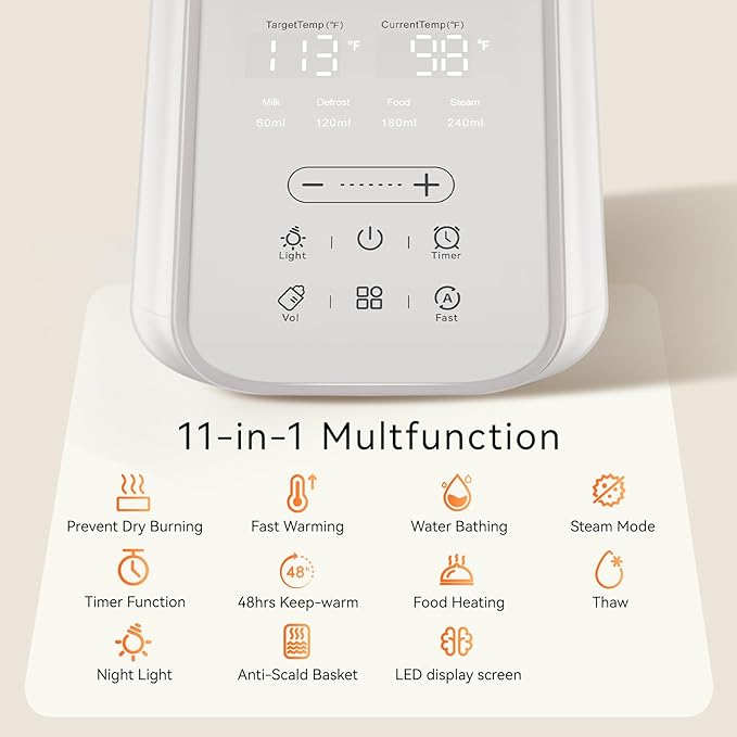 Baby Bottle Warmer for Breast Milk with Timer & Night Light, 11-in-1 Milk Warmer for Baby Bottles, 48H Keep Warm, BPA-Free Fast Heating with Adjustable Temperature (86-194℉) for Glass/PPSU Bottles