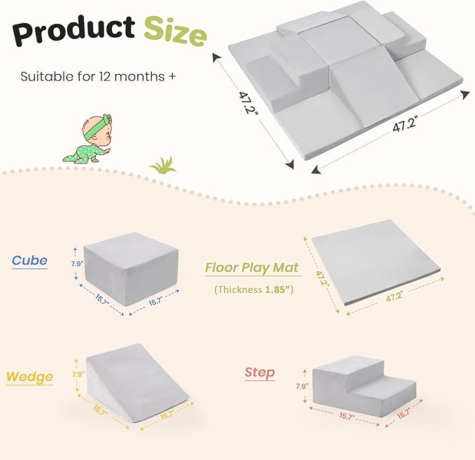 6-Piece Foam Climbing Blocks for Toddlers, Climb and Crawl Soft Foam Play Set with 47x47 Inch Baby Play Mat for Floor, Machine Washable Cover, Soft Climbing Toys for Toddlers 1-3 (Gray)
